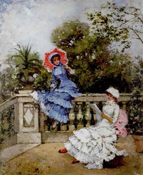 Deux Elegantes Sur La Terrasse Oil Painting by Francisco Miralles y Galup