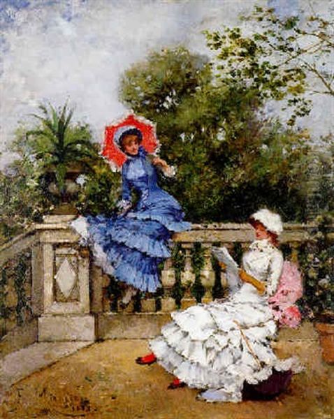 Deux Elegantes Sur La Terrasse Oil Painting by Francisco Miralles y Galup