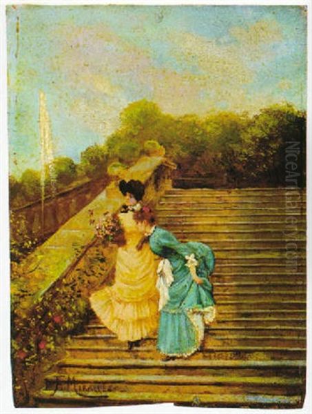 Damas En La Escalinata Oil Painting by Francisco Miralles y Galup