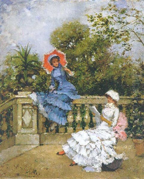 Two Ladies Conversing On A Terrace Oil Painting by Francisco Miralles y Galup