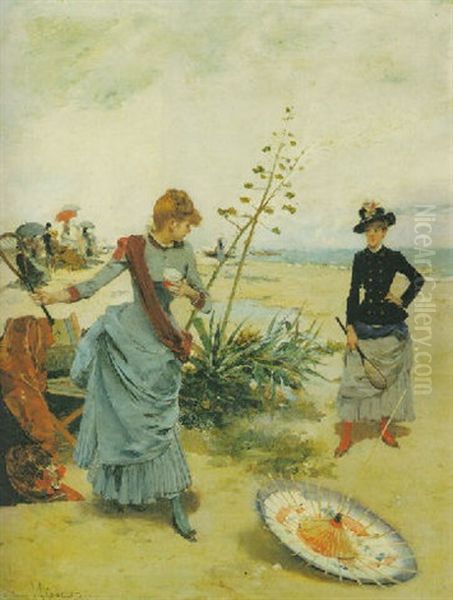 Playing Badminton Oil Painting by Francisco Miralles y Galup