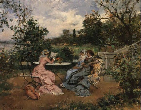 Reading In The Garden Oil Painting by Francisco Miralles y Galup