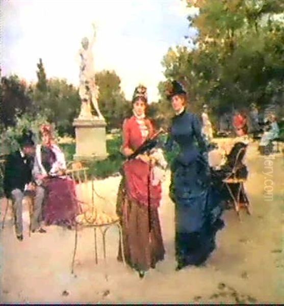 Elegant Ladies In A Garden Oil Painting by Francisco Miralles y Galup