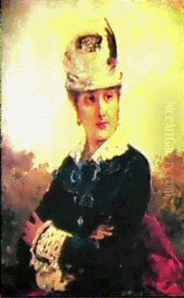 Portrait De Jeune Femme Au Chapeau A Plume Oil Painting by Francisco Miralles y Galup