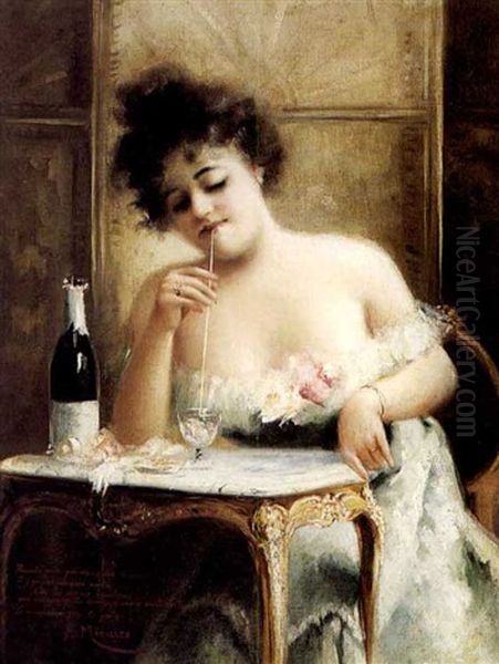 A Sip Of Champagne Oil Painting by Francisco Miralles y Galup