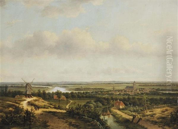 A Panoramic River Landscape With A Windmill And Figures Oil Painting by Everardus Benedictus Gregorius Pagano Mirani