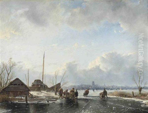 Skating On The Ice Near Dordrecht Oil Painting by Everardus Benedictus Gregorius Pagano Mirani