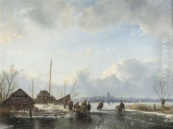 Skating On The Ice Near Dordrecht Oil Painting by Everardus Benedictus Gregorius Pagano Mirani