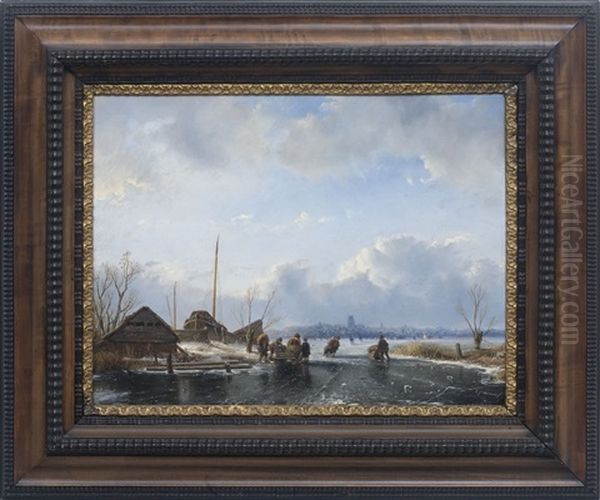 Skaters On A Canal With Town In The Distance Oil Painting by Everardus Benedictus Gregorius Pagano Mirani