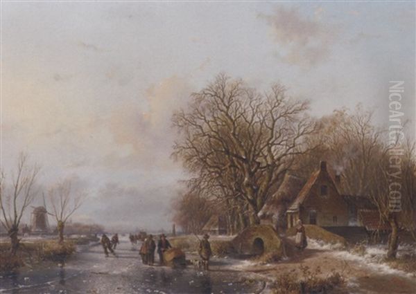 Skaters And A Sportsman On The Ice, A Windmill And Koek En Zopie Beyond Oil Painting by Everardus Benedictus Gregorius Pagano Mirani