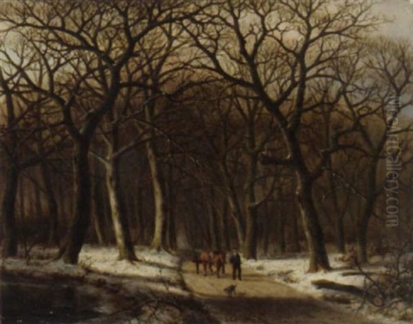 A Woodcutter With A Mallejan In A Winter Forest Oil Painting by Everardus Benedictus Gregorius Pagano Mirani