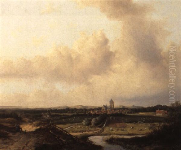 A Kennemer Landscape With A View Of A Town Oil Painting by Everhardus B. G. Pagano Mirani