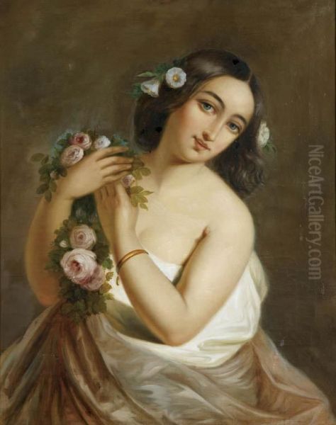 Young Maiden With Roses Oil Painting by Clemens Bewer