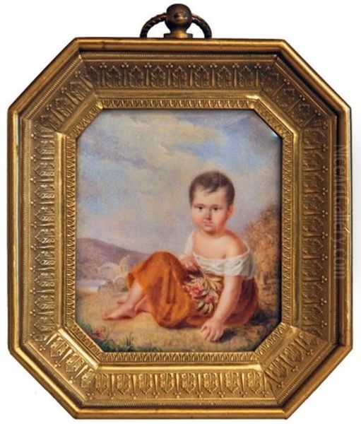 Portrait Presume D'un Enfant Royal De La Maison Bourbon Assis Sur Un Tertre Dans Un Paysage Au Temple De L'amour Oil Painting by Aimee Zoe Lizinka de Mirbel