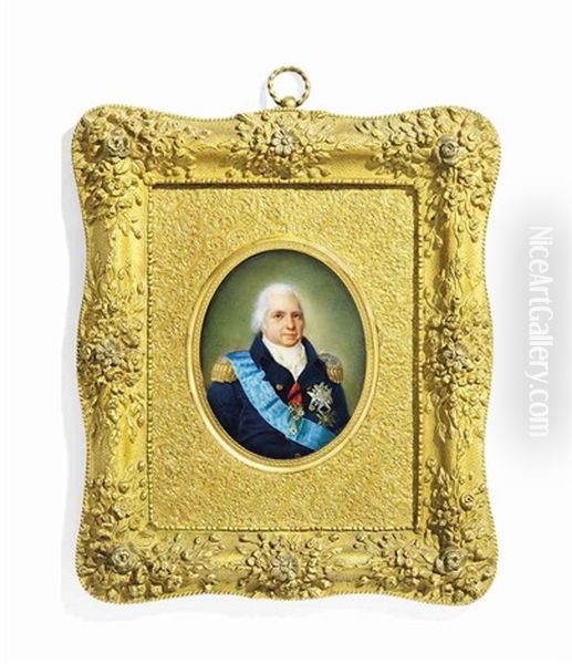 Louis Xviii (1755-1824), King Of France - 1824, In Blue Coat With Gold Epaulettes, Wearing Orders Including The Blue Moire Sash And Breast-star Of The Royal French Order Of The Saint Esprit by Aimee Zoe Lizinka de Mirbel