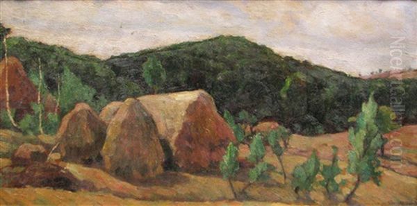 Landscape With Hay Stacks Oil Painting by Grigore Mircescu