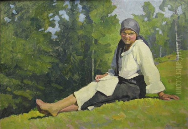 Peasant Woman Resting Oil Painting by Grigore Mircescu