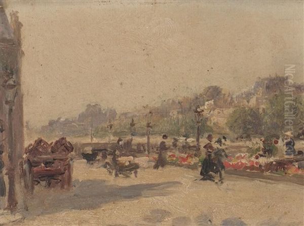 Marche Aux Fleurs. Quai De Paris Y Vista Del Parque De La Ciudadela, Barcelona (2 Works) Oil Painting by Gaspar Miro Lleo