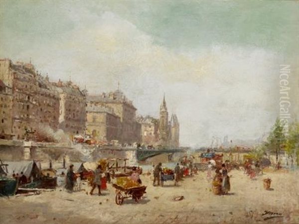 Market Day On The Seine, La Conciergerie In The Distance Oil Painting by Joaquin Miro