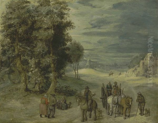 A Wooded Landscape With Peasants And A Horse-drawn Cart In The Foreground Oil Painting by Anton Mirou