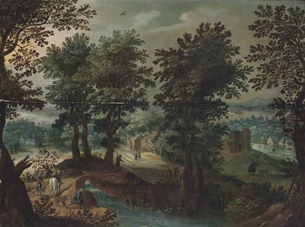 A Wooded River Landscape With A Hunting Party And Travellers On A Path, A Town Beyond by Anton Mirou