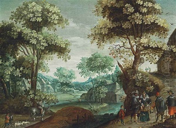 A Wooded River Landscape With An Elegant Company And Other Travellers On A Path, A Town Beyond Oil Painting by Anton Mirou