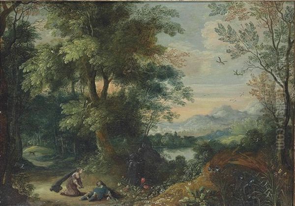 A Wooded Landscape With Pyramus And Thisbe Oil Painting by Anton Mirou