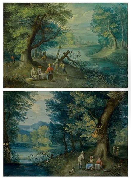 Personnages Se Promenant Au Bord D'une Riviere (+ Personnages Discutant Dans Un Paysage De Riviere; Pair) Oil Painting by Anton Mirou