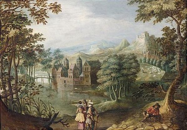 A Wooded Landscape With Two Cavaliers And A Lady Conversing Before A Lake, A Peasant To The Right Oil Painting by Anton Mirou