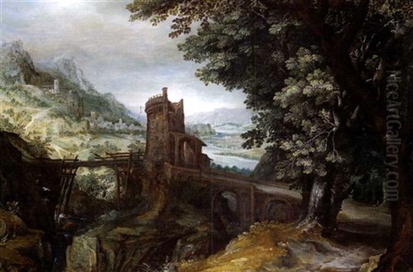 Bewaldete, Gebirgige Landschaft Mit Einer Steinernen Bogenbrucke Und Einem Turm Oil Painting by Anton Mirou