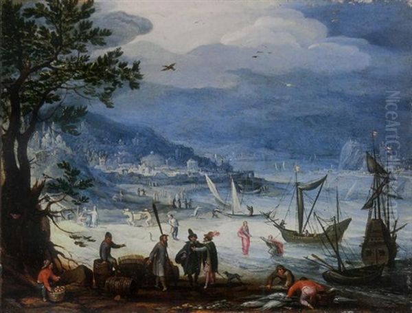 A Coastal Landscape With Fishing Boats And Peasants Disembarking, The Calling Of Saint Peter Beyond Oil Painting by Anton Mirou