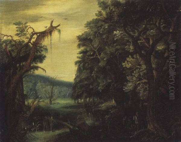 A Wooded Landscape With A Hermit Being Watched By Soldiers Oil Painting by Anton Mirou