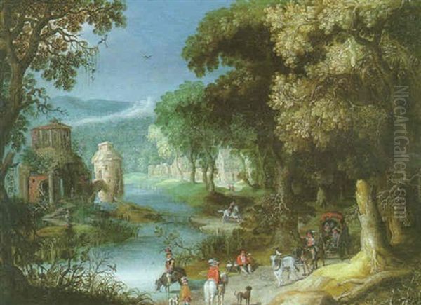 Promeneurs Et Carriole A L'oree Du Bois Dans Un Paysage Fluvial Oil Painting by Anton Mirou