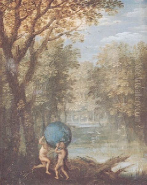 Antaeus And Hercules Holding A Globe In A River Landscape Oil Painting by Anton Mirou