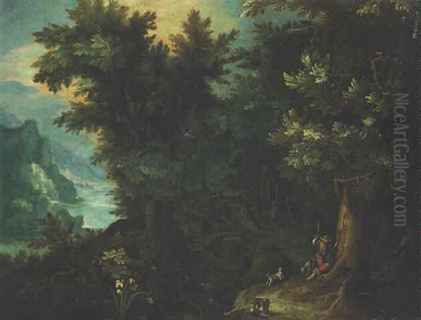 A Wooded River Landscape With Huntsmen Resting On A Track, The Flight Into Egypt Beyond by Anton Mirou