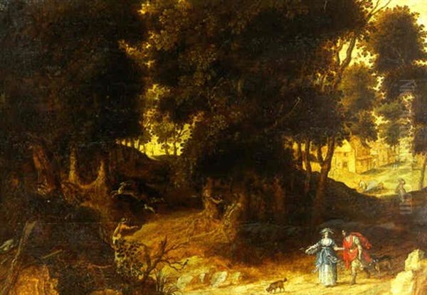 Couple De Promeneurs Et De Chasseurs Dans La Foret Oil Painting by Anton Mirou