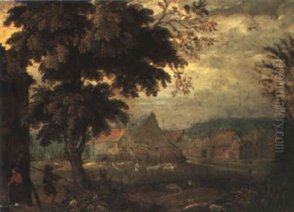 Landscape With Figures Beside A Village Oil Painting by Anton Mirou