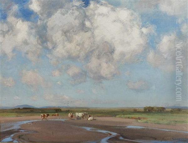 Cattle In An Estuary Oil Painting by John Campbell Mitchell