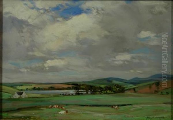 Cows In A Meadow With Rolling Hills Beyond Oil Painting by John Campbell Mitchell