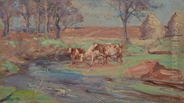 Spring Time Gogar Burn (+ 2 Others, Studies; 3 Works) Oil Painting by John Campbell Mitchell