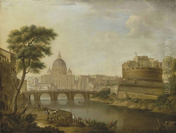 The Tiber, Rome, Looking Downstream With The Castel And Ponte Sant'angelo, Saint Peter's And The Vatican Oil Painting by Thomas Mitchell