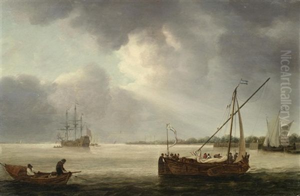 A British Man-of-war And Other Vessels Oil Painting by Thomas Mitchell