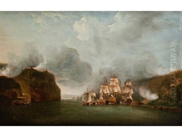 The Tartar, Roebuck And Phoenix Forcing The Passage Of The Hudson River, July 1776 Oil Painting by Thomas Mitchell