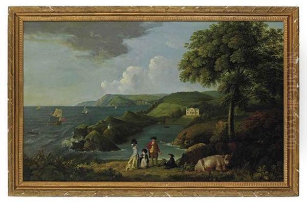 A Coastal Landscape With A Classical House, A Couple With A Child In The Foreground With An Artist Sketching, Shipping At Sea Oil Painting by Thomas Mitchell