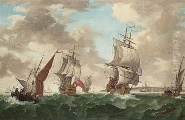 Men O'war Passing In The Channel Off A Fortified Town Oil Painting by Thomas Mitchell