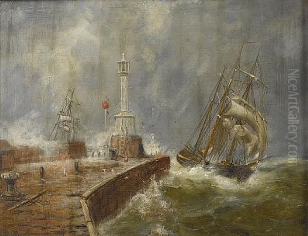 A Barquentine Making Maryport Harbour In A Gale Oil Painting by William Mitchell