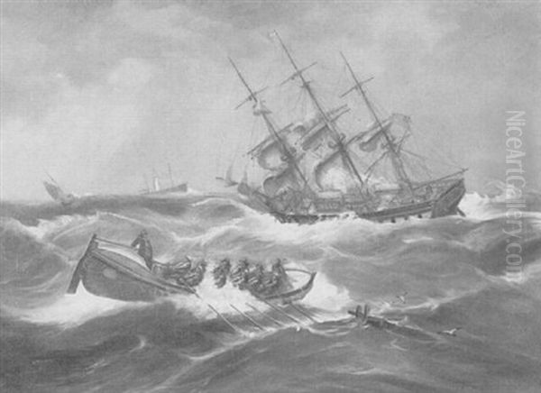 Storm Tossed Ships At Sea Oil Painting by William Mitchell