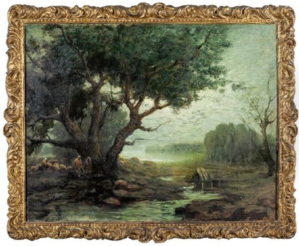 Fiume Nel Bosco Con Pastori Ed Armenti Oil Painting by Giuseppe Miti Zanetti