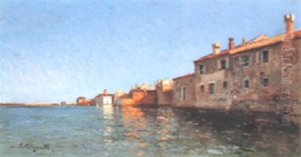 Caseggiati In Laguna Oil Painting by Giuseppe Miti Zanetti