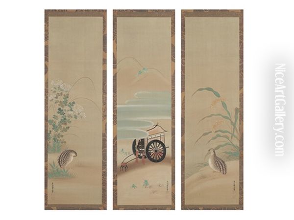 A Quail/palanquin (set Of 3 Scrolls) by Tosa Mitsuoki